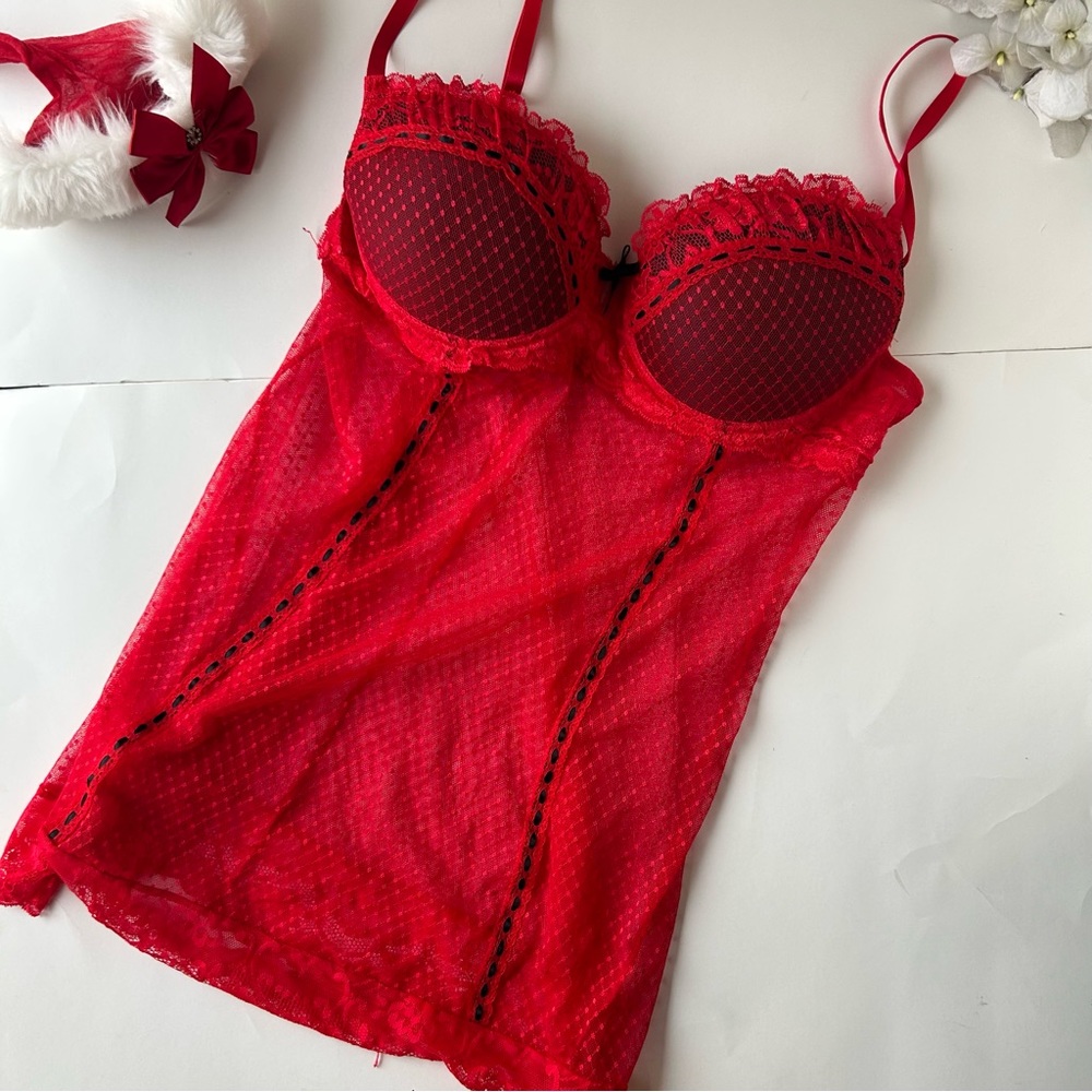 3/$20 Jezebel, red and black lace négligée mesh, - Picture 7 of 7